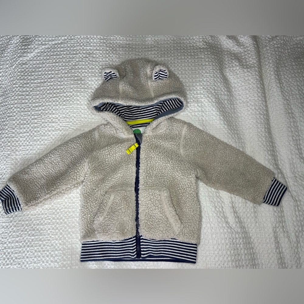 Baby Boden Cream Teddy Hoodie with Navy Stripes
